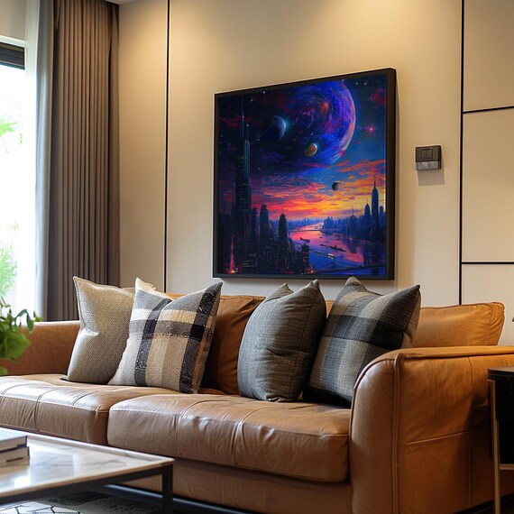 Retrofuturism Cityscape Poster Neon Colors Dreamy Vibe Detailed Psychedelic Art Oil Painting