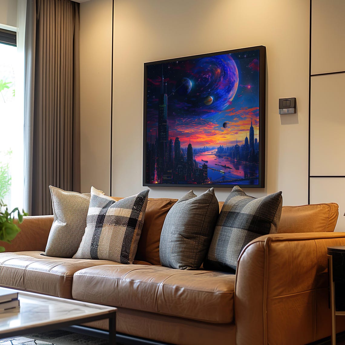 Futuristic Neon City Under Alien Planets Sunset Skyline Poster