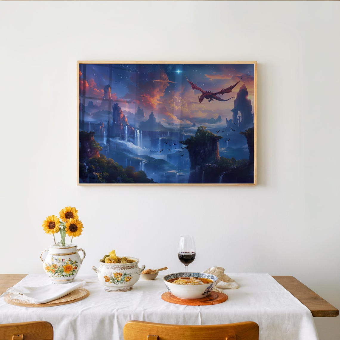 Red Dragon Soaring Over Floating Waterfall Islands Fantasy Poster