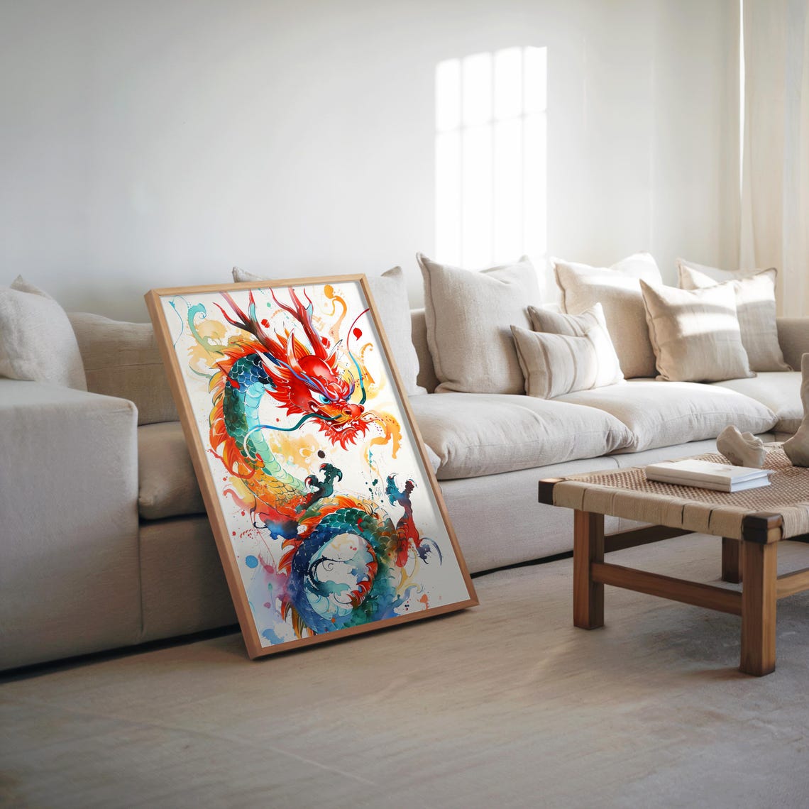 Colorful Watercolor Dragon Splash Red Teal Fantasy Mythical Poster