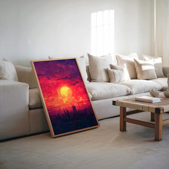 City Skyline Sunset Red Sun Art Lofi Synthwave Pixel Warm Neon Glow Illustration Poster