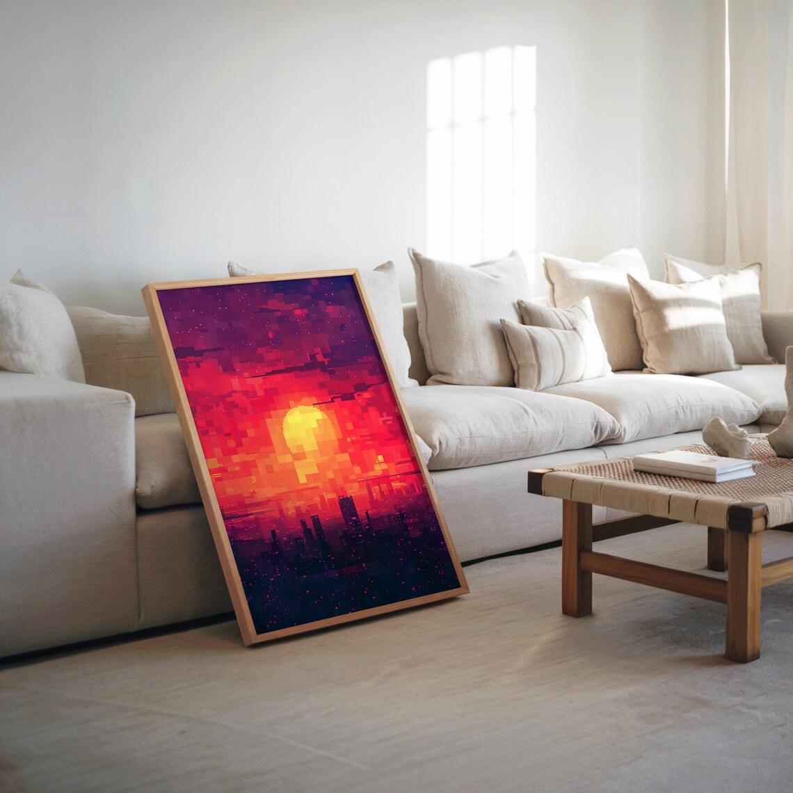 City Skyline Sunset Red Sun Art Lofi Synthwave Pixel Warm Neon Glow Illustration Poster