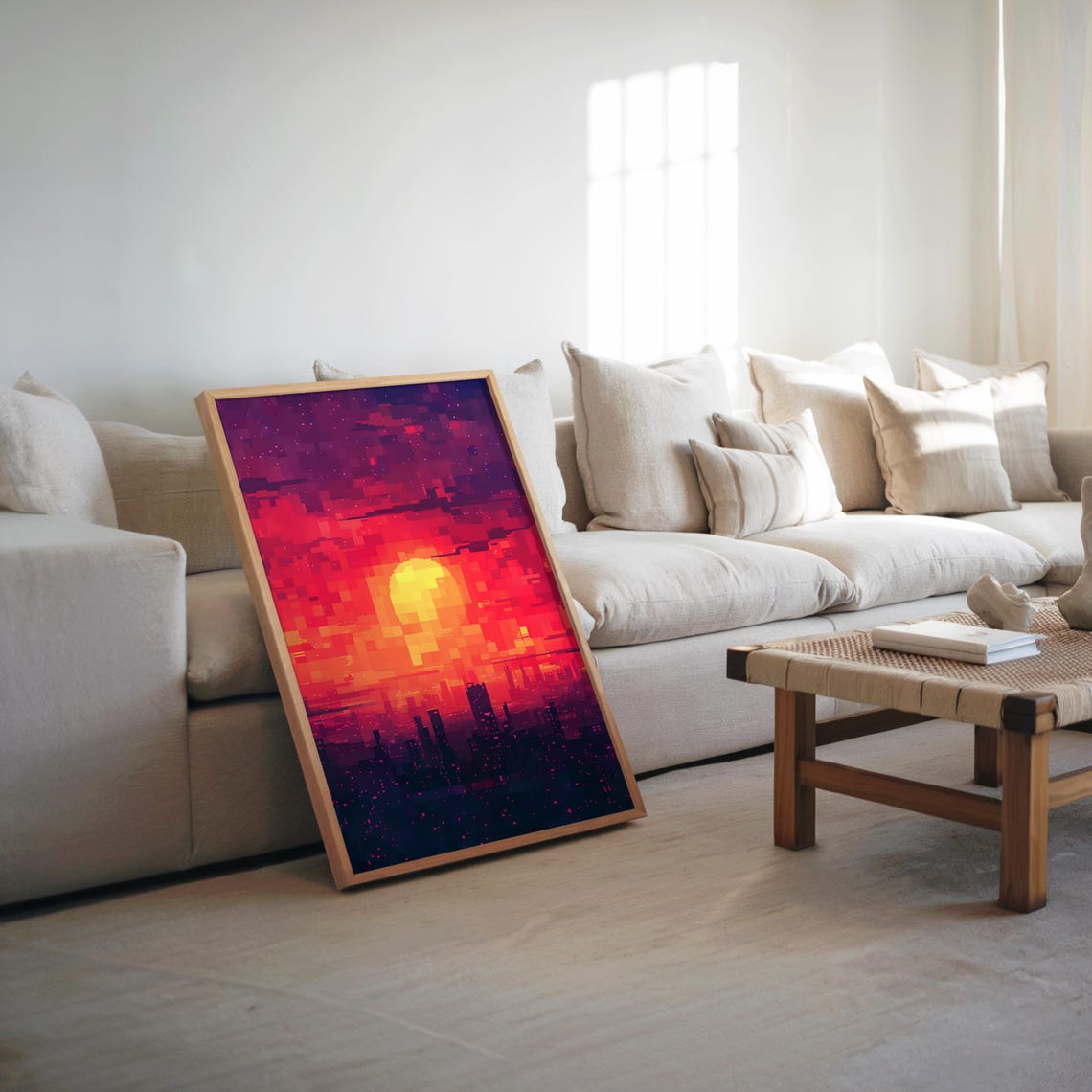 Digital Pixel Sunset City Skyline Synthwave Retro Neon Art Poster