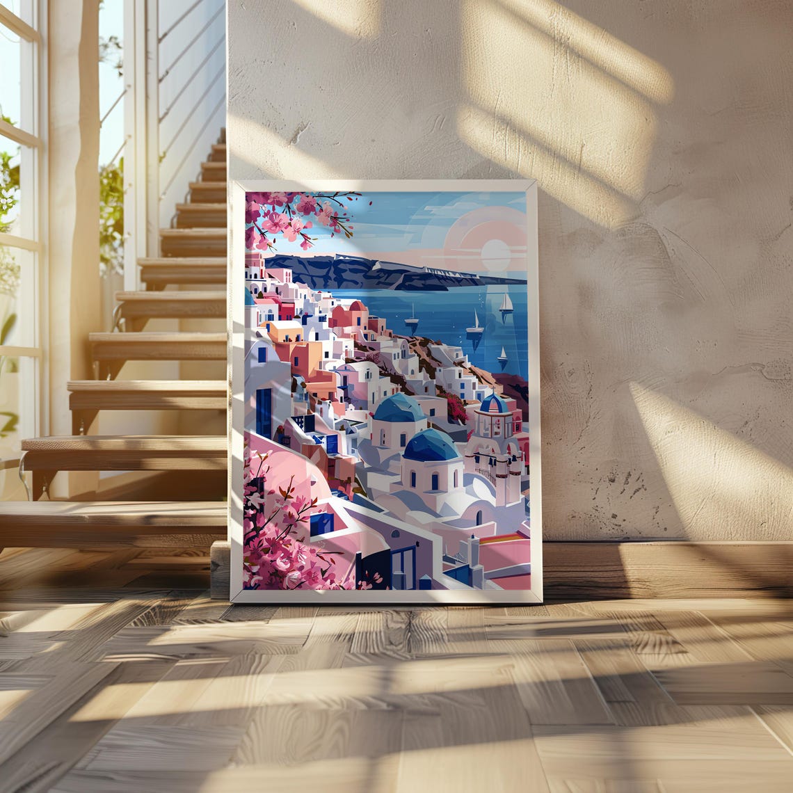Santorini Greece Blue Domes Caldera View Travel Illustration Poster