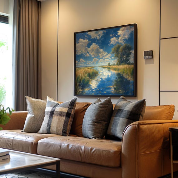 Dreamy Impressionist River Landscape Modern Field Poster Warm Tones Glossy Vibe Pastel Palette Artistic Acrylic
