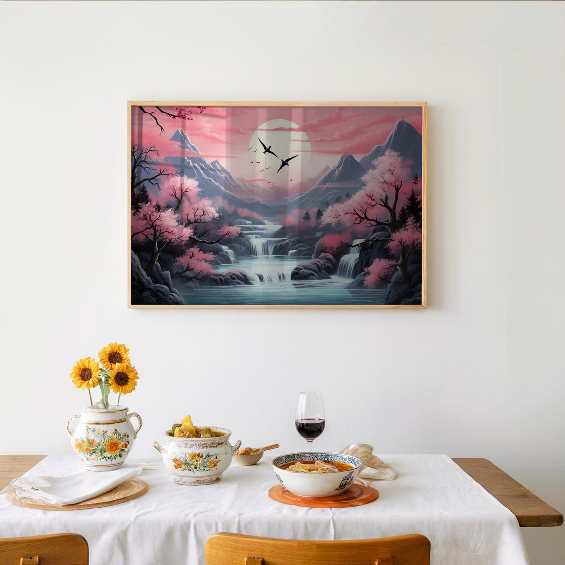 Vibrant Vaporwave Birds Anime Style Poster Flying Over Waterfall Print Dreamy Pastel Acrylic Art Mountain Landscape Decor