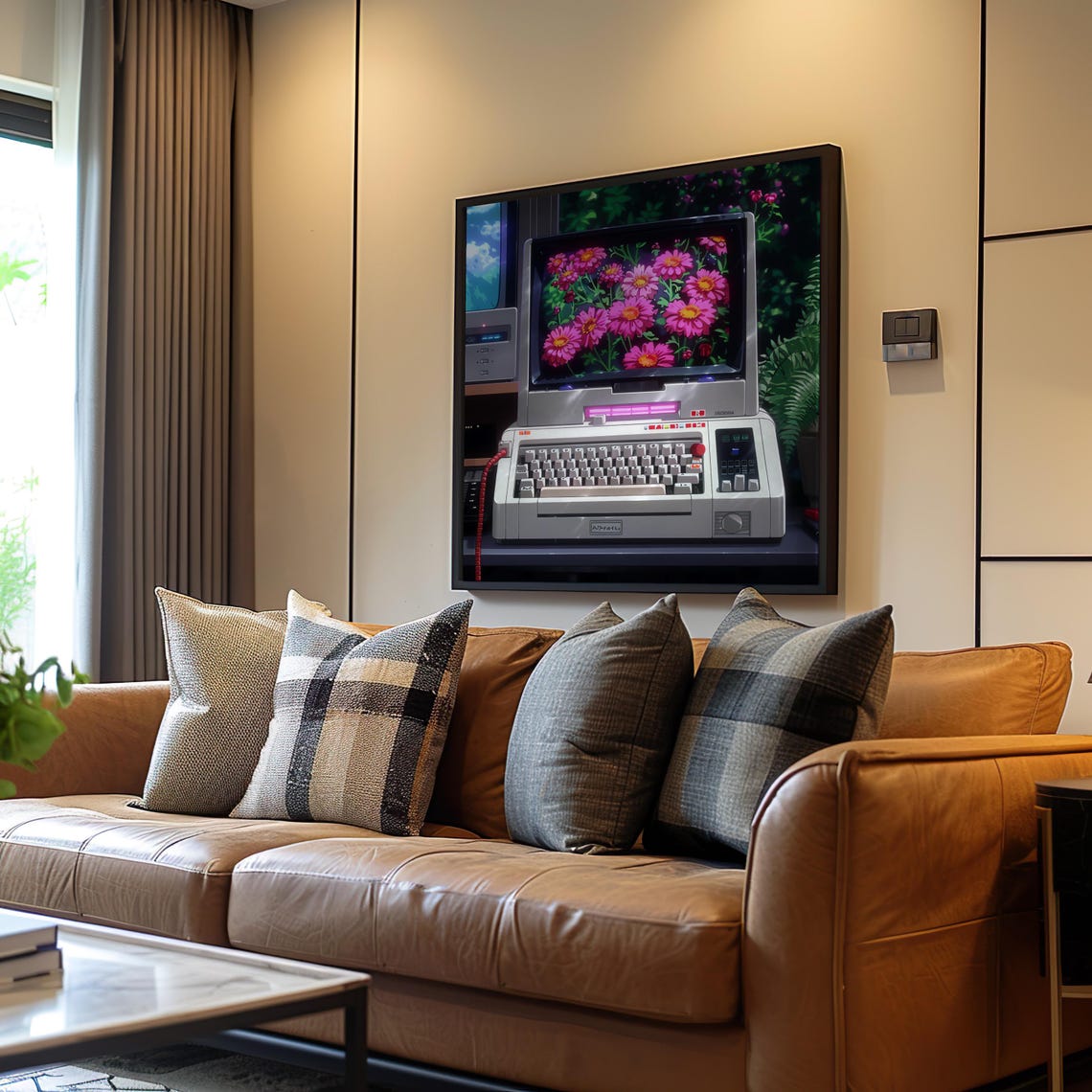 Retro Computer Setup Pink Flowers Jungle Vaporwave Art Poster