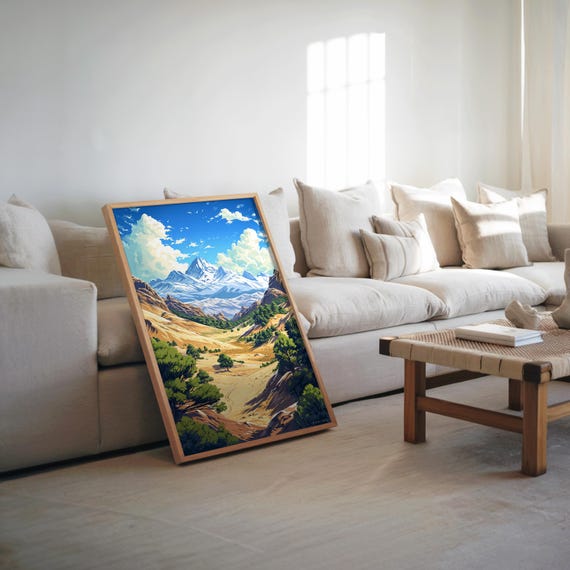 Anime Modernism Mountain Scene Poster Pixel Art Illustration Vibrant Muted Colors Highly Detailed Landscape Wall Decor Pop