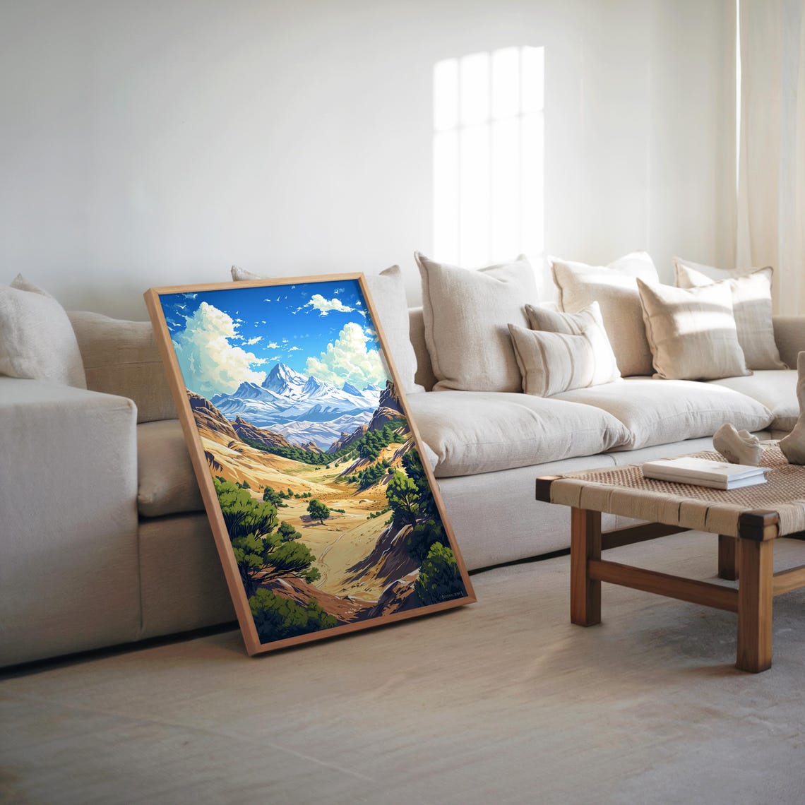 Anime Mountain Landscape Poster Snowy Peaks Valley Modern Illustration