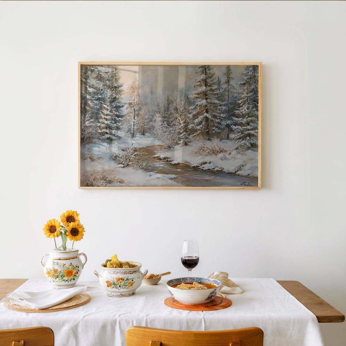 Snowy Pine Forest Stream Winter Landscape Oil Painting Nature Poster