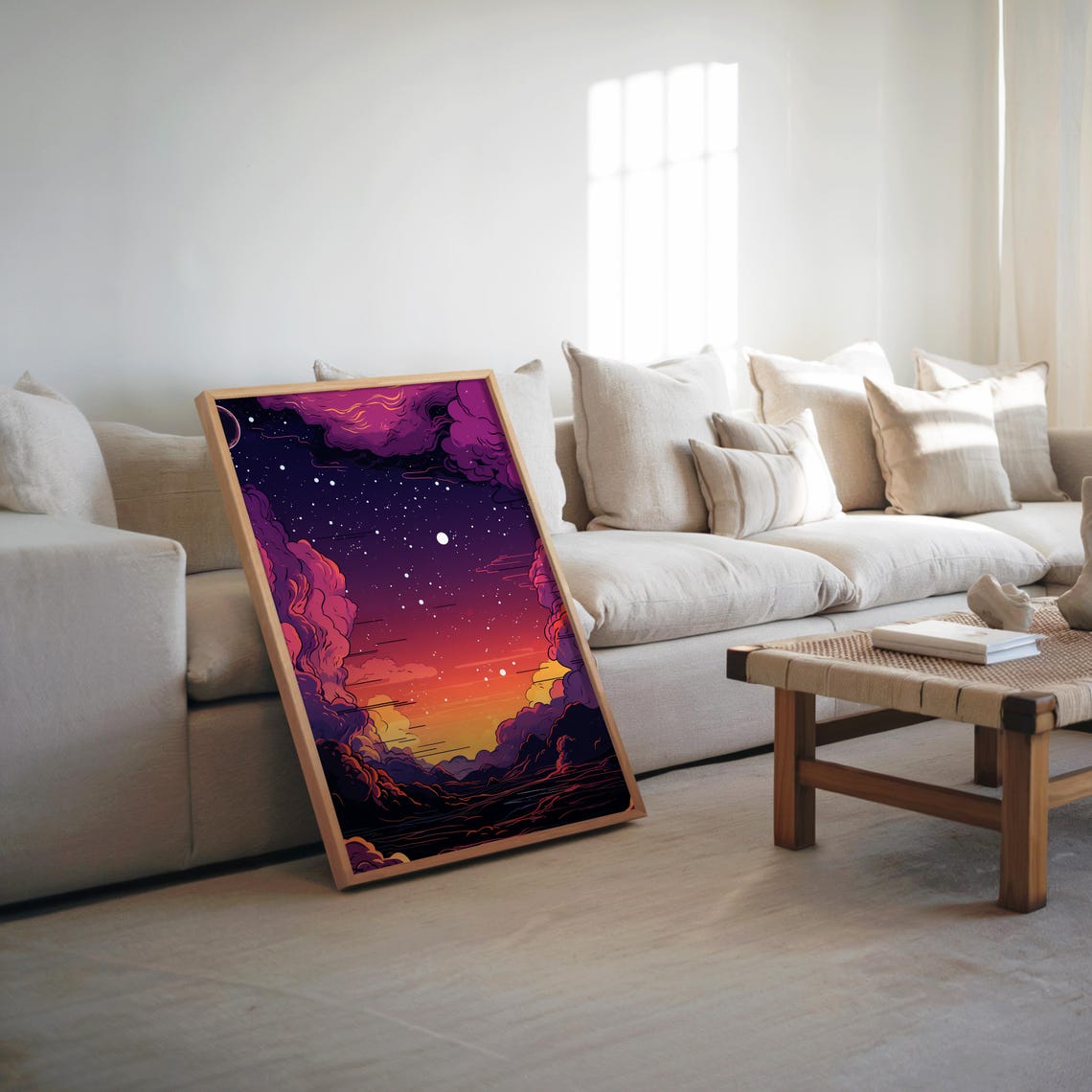 Lofi Sunset Sky With Stars Purple Clouds Retro Vector Poster