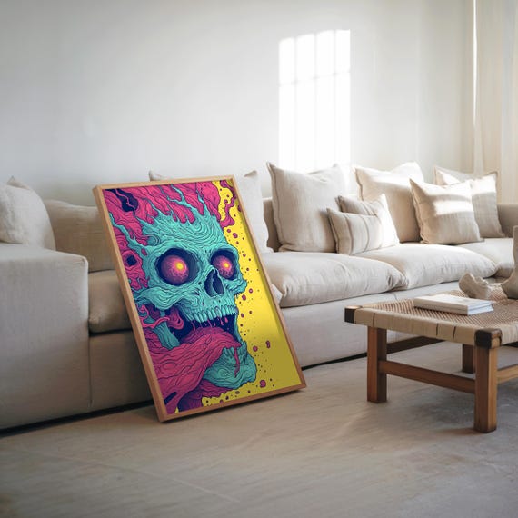 Psychedelic Skull Poster Neon Vibrant Colors Maximalist Style Vector Art Highly Detailed Illustration Red Green Face Paint No