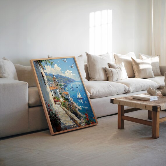 Mediterranean Harbor Village Sailboats Impressionist Oil Painting Poster