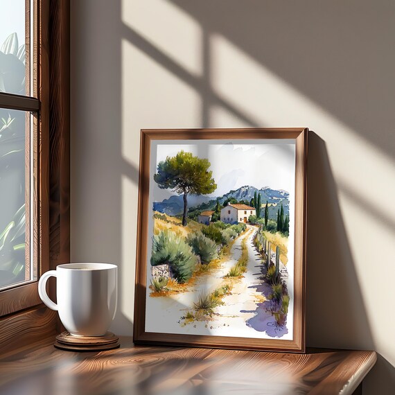 Sunlit Tuscan Country Villa Winding Road Watercolor Landscape Poster