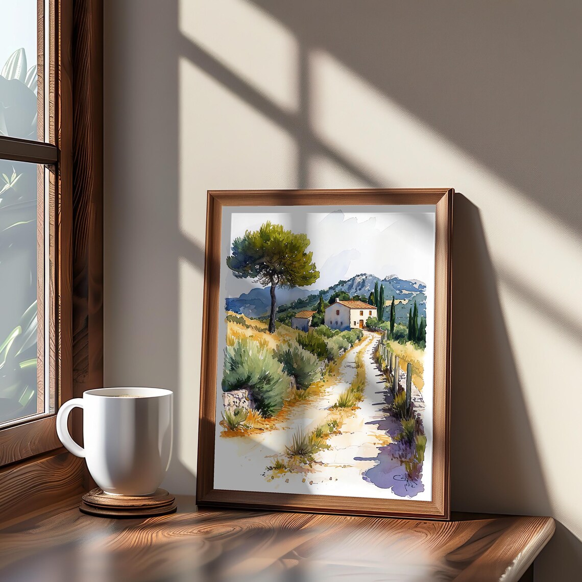 Sunlit Tuscan Country Villa Winding Road Watercolor Landscape Poster
