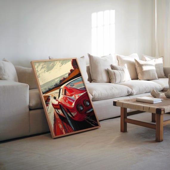 Retro Futurism Sports Car Mid Century Modern Art Vibrant Warm Tones Road Poster Illustration Etsy Print Vintage Automotive