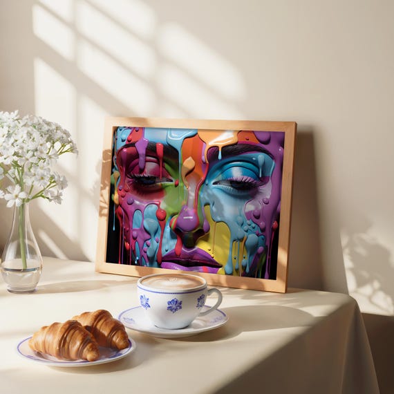 Colorful Pop Art Woman Face Poster Airbrush Photo Manipulation Neon Vibrant Matte Glossy Colors Artistic Wall Decor