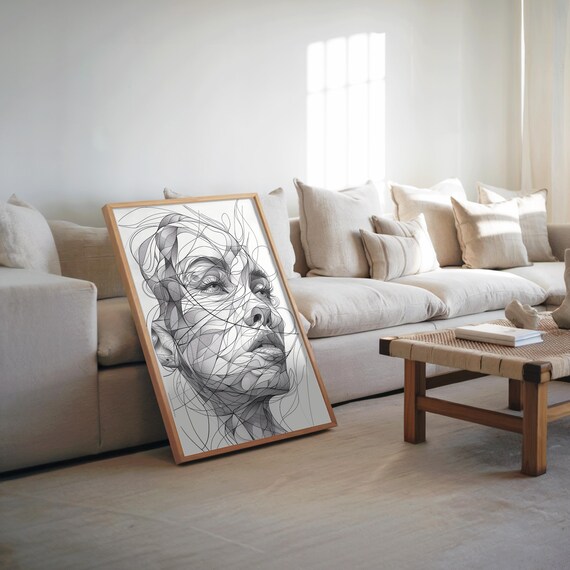 Black And White Womans Face Abstract Cubist Line Drawing Poster
