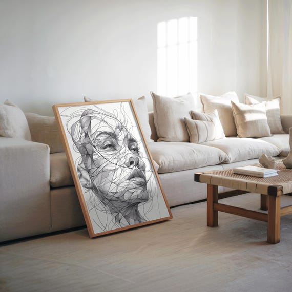 Black And White Womans Face Photorealistic Cubism Art Vector Drawing Monochrome Lines Illustration Modern Wall Poster