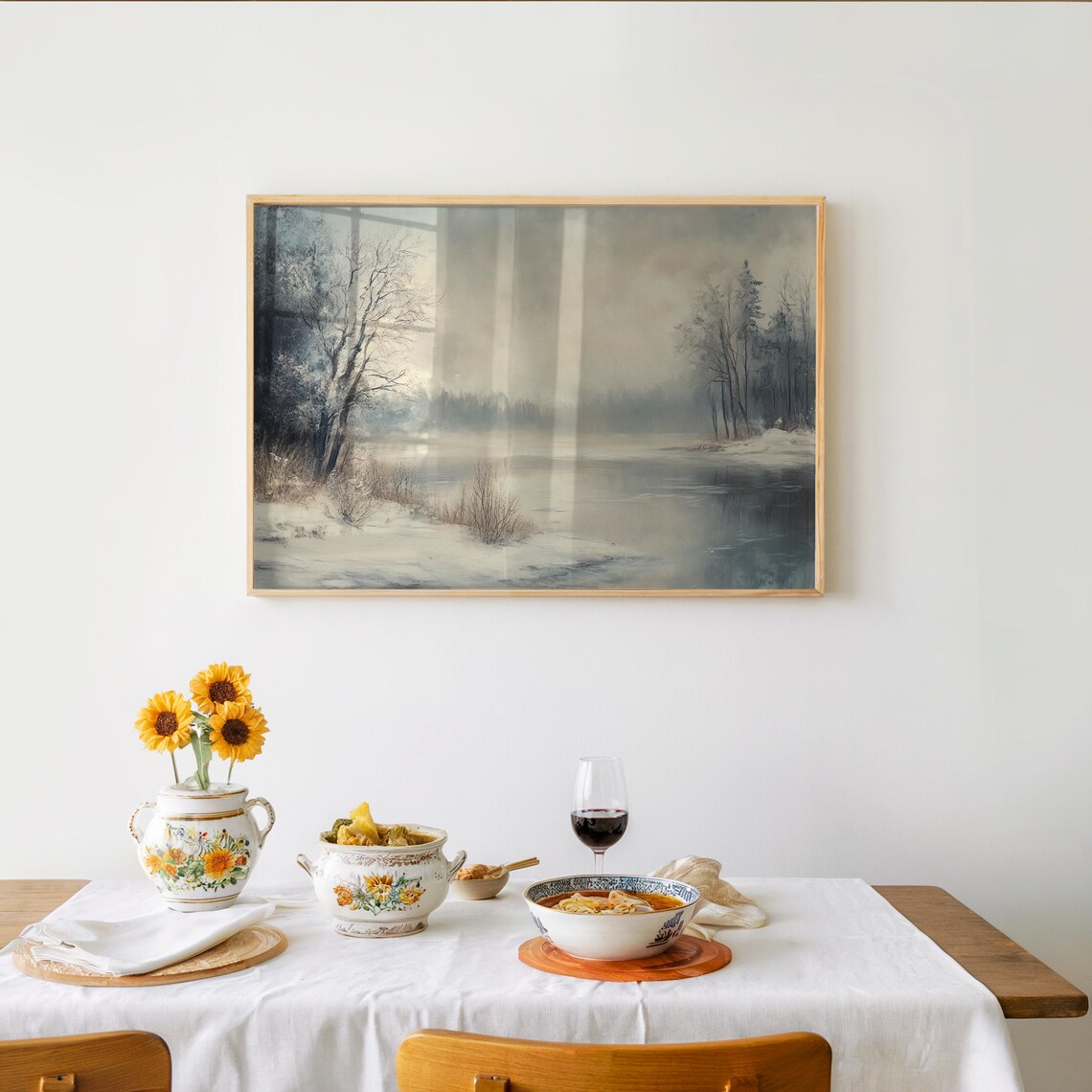Misty Winter River Frozen Banks Impressionist Landscape Art Poster