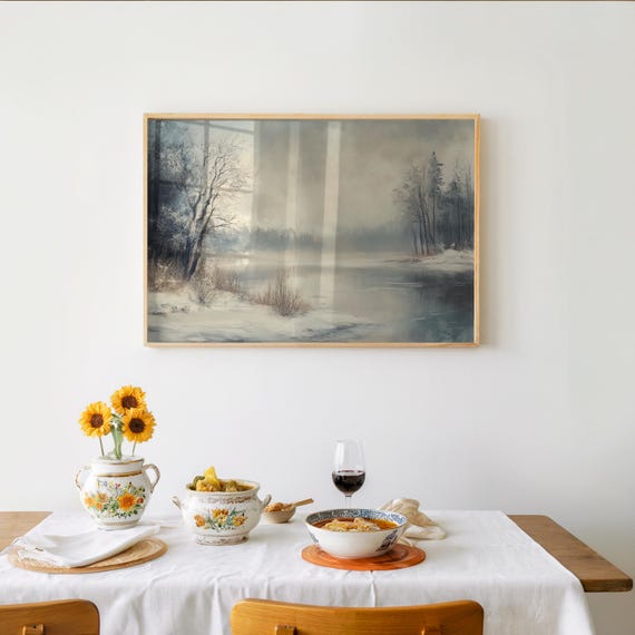 Winter River Impressionism Dreamy Gritty Landscape Art Muted Pastel Palette Photorealistic Style Oil Or Watercolor