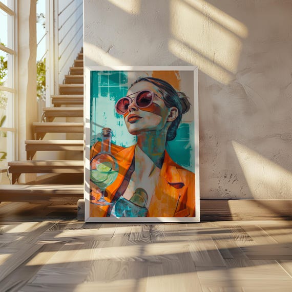 Maximalist Oil Painting Poster Woman With Bottle Glass Vibrant Palette Dreamy Detail Cool Tones Highresolution 20 X 28