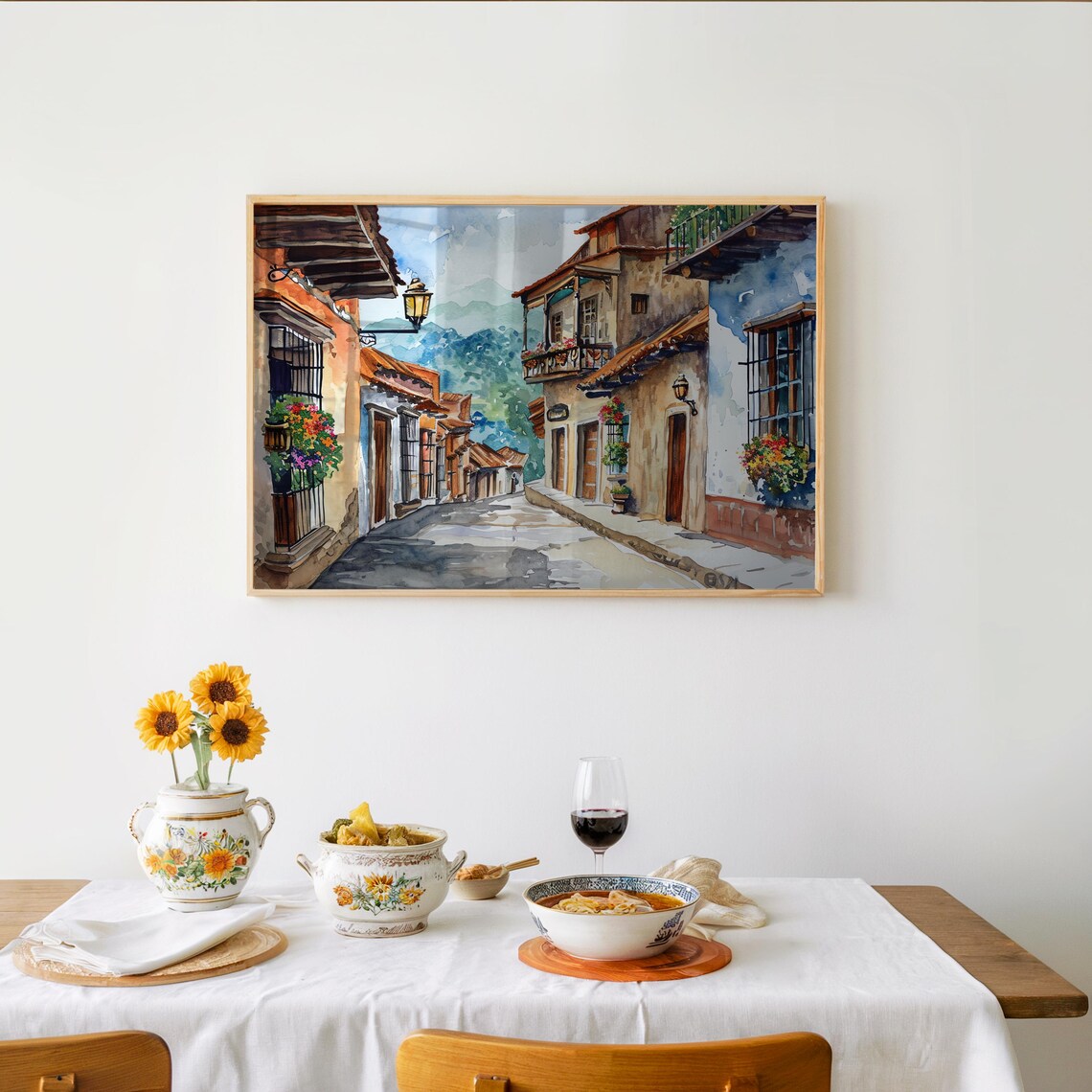 Colonial Old Town Street Flower Balconies Watercolor Art Poster