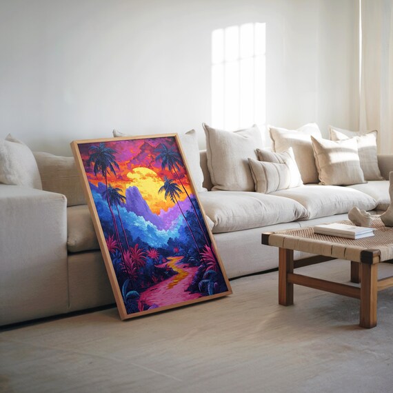 Neon Tropical Sunset Palm River Dreamy Vibrant Psychedelic Poster