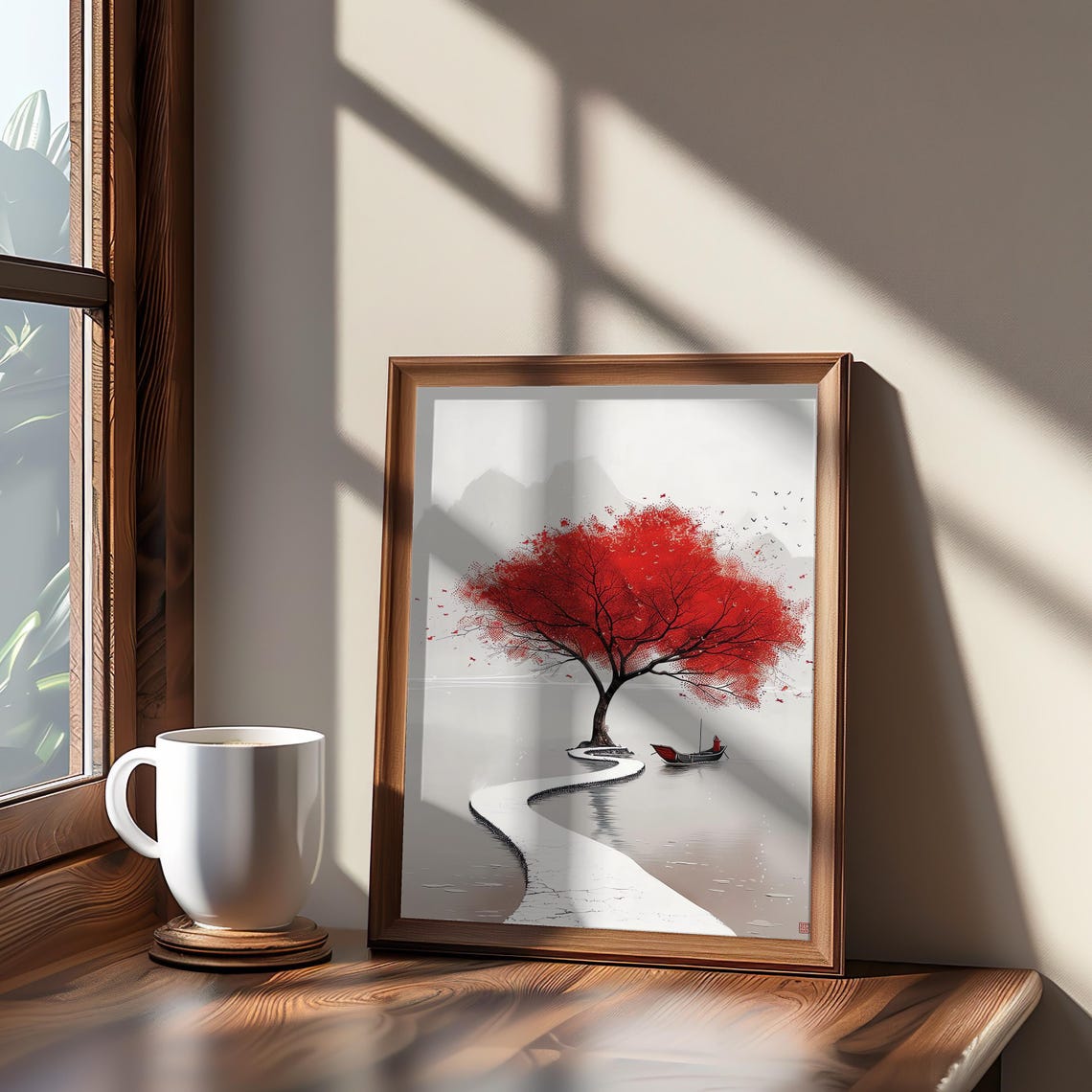 Red Tree And Boat Scene Water Impressionism Anime Photo Manipulation Painting Vibrant Warm Tones Dreamy Cinematic