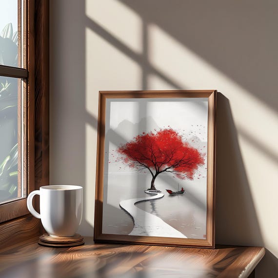 Red Tree And Boat Scene Water Impressionism Anime Photo Manipulation Painting Vibrant Warm Tones Dreamy Cinematic