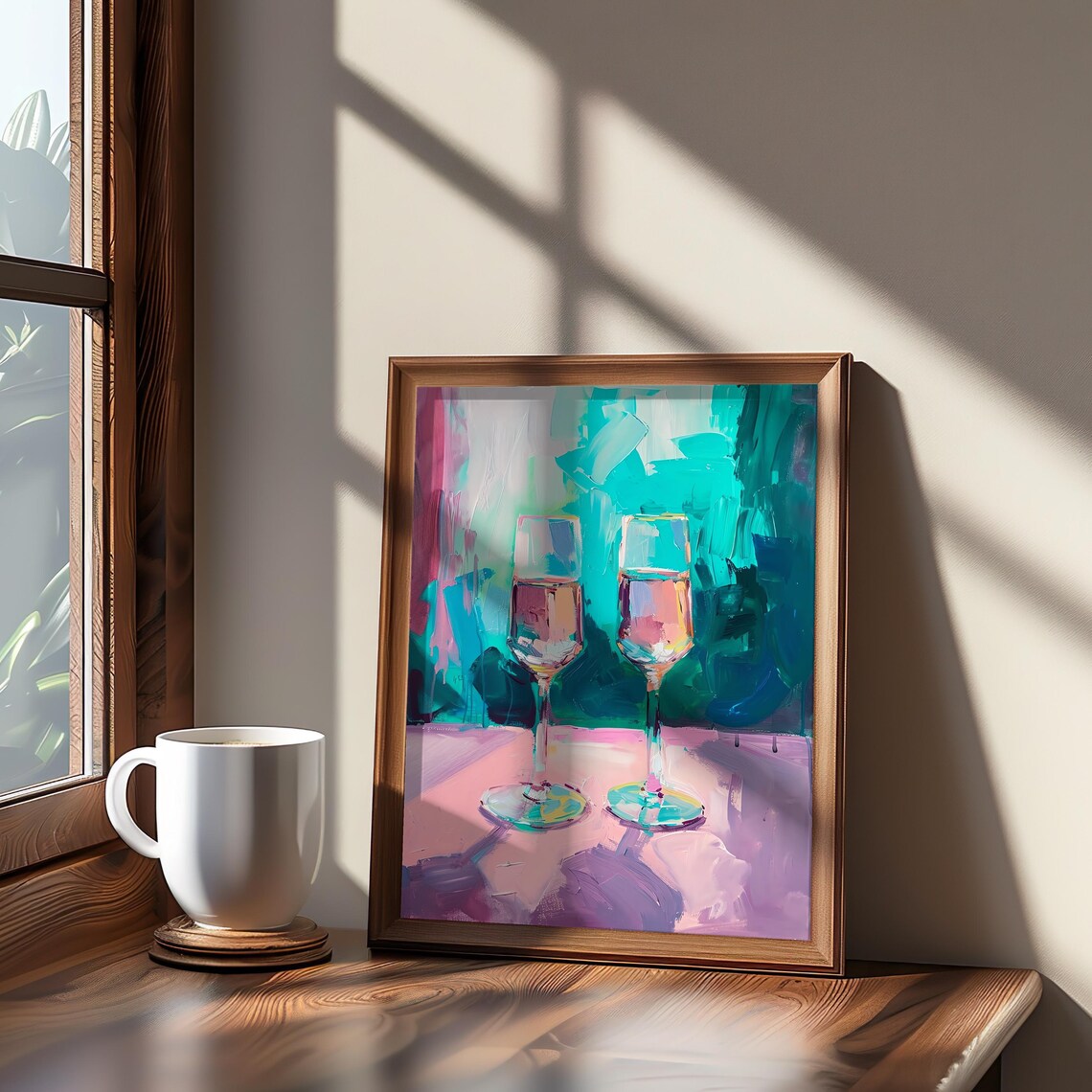 Two Wine Glasses Abstract Painting in Teal and Pink Art Print