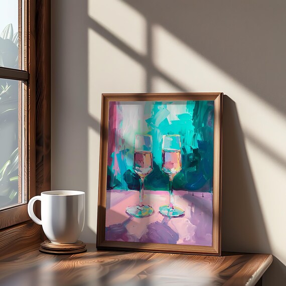 Two Wine Glasses Abstract Painting in Teal and Pink Art Print