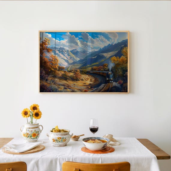 Impressionistic Mountain Train Art Vibrant Color Palette Warm Tones Detailed Oil Painting Airbrush Etsy Wall Decor