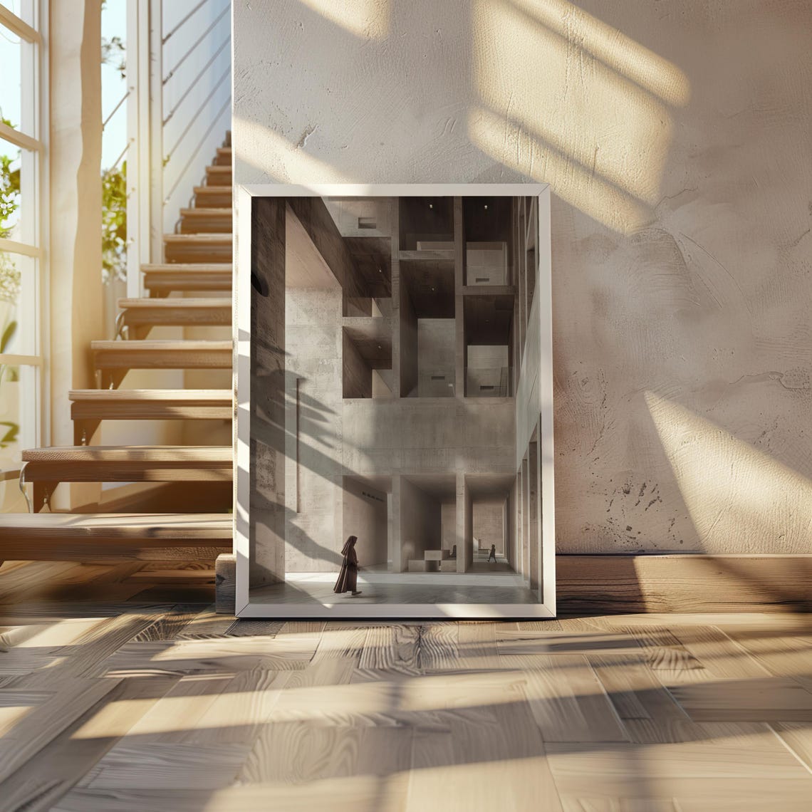 Brutalist Concrete Atrium Lone Figure Minimalist Architecture Print