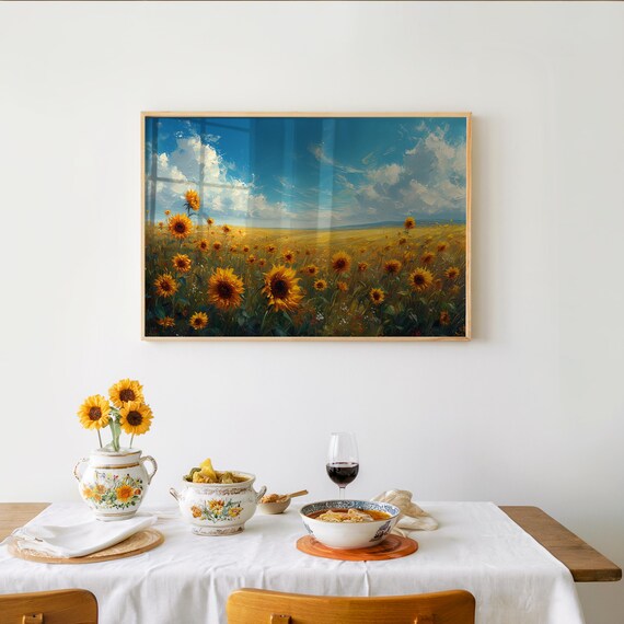 Sunflower Field Under Blue Sky Impressionist Landscape Art Poster