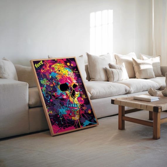 Psychedelic Skull Poster Maximalist Design Vibrant Splattered Paint Art Illustration Bold Decor Enthusiasts Wall