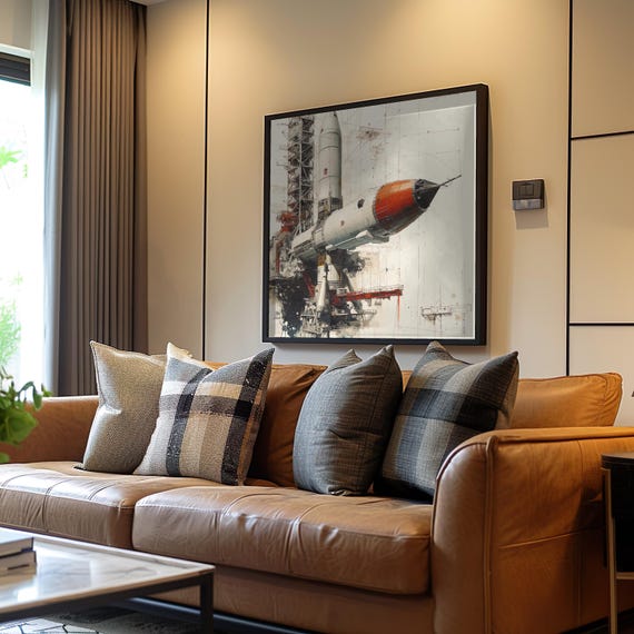 Retrofuturism Space Station Rocket Poster Watercolor Airbrush Art Monochrome Detail Cinematic Vibe Etsy Wall