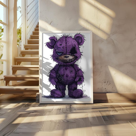 Creepy Purple Teddy Bear 3d Rendered Poster Comic Book Style Gritty Shading Muted Cool Tones 20 X 28