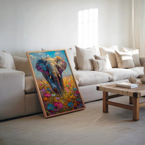 Psychedelic Elephant Poster Maximalist Field Art Vibrant Colors Highly Detailed Artwork Glossy Finish 80s Vibe