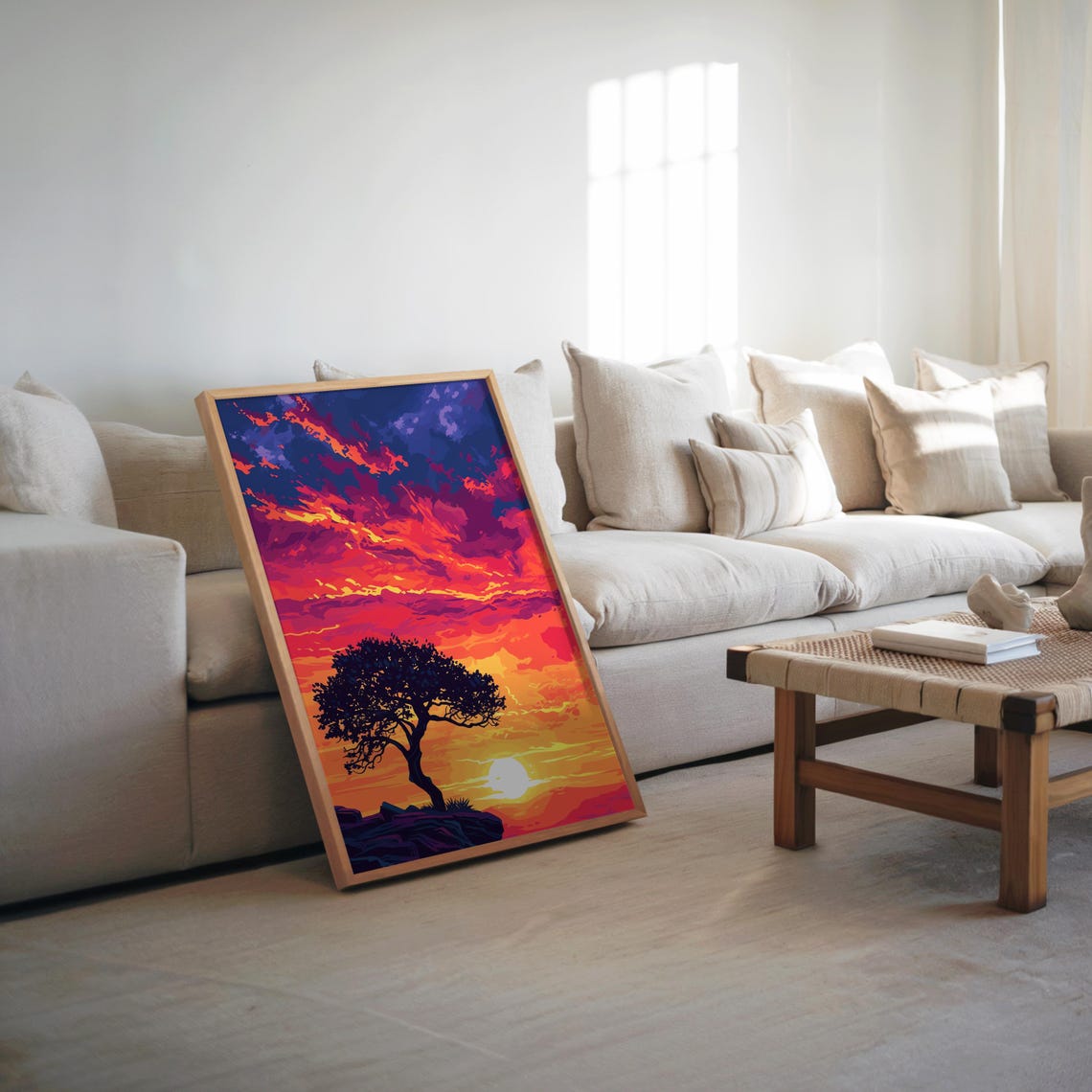 Synthwave Sunset Cliff Silhouette Tree Neon Sky Retro 80s Art Poster