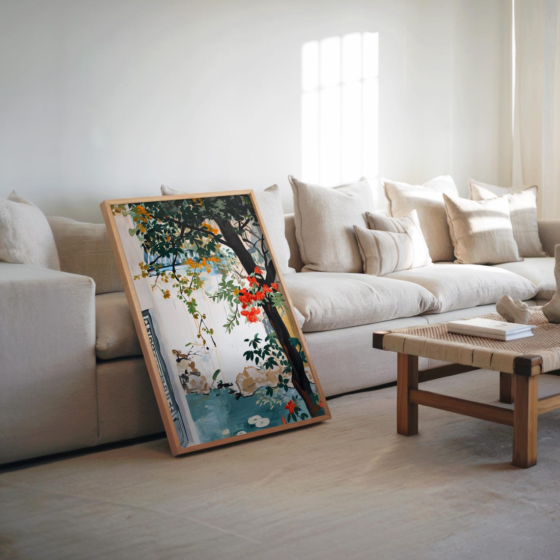 Red Blossom Tree By The Water Japanese Style Watercolor Poster