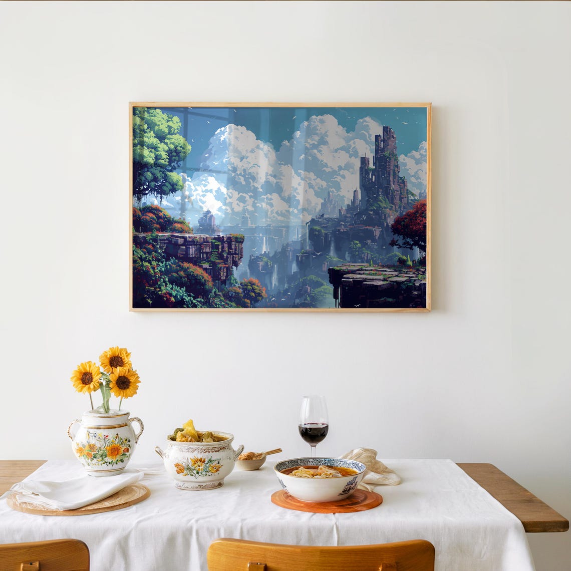 Mountain Castle Pixel Art Impressionist Lofi Cool Tones Artwork Unique Vibe Wall Decor Vibr