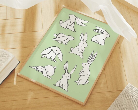 Bunny Sketches Green Background Minimal Ink Rabbit Art Poster