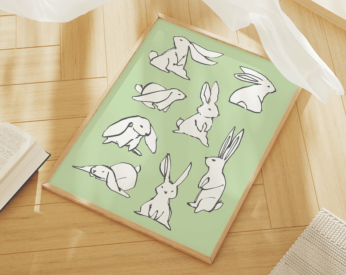 Bunny Sketches Green Background Minimal Ink Rabbit Art Poster