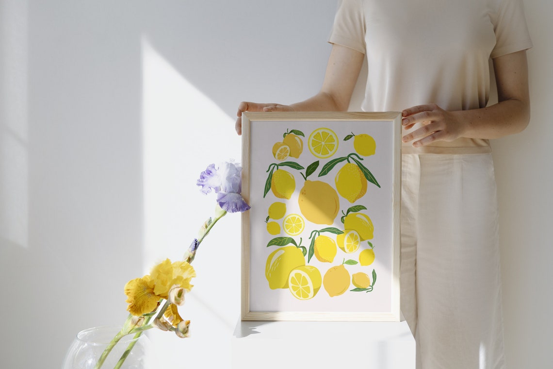 Lemons Citrus Fruit Pattern Illustrated Yellow Kitchen Wall Art - Image 3