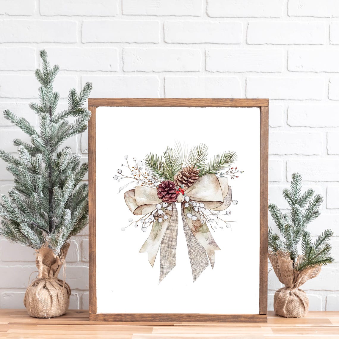 Rustic Holiday Bow Pinecones Berries Watercolor Christmas Poster - Image 2
