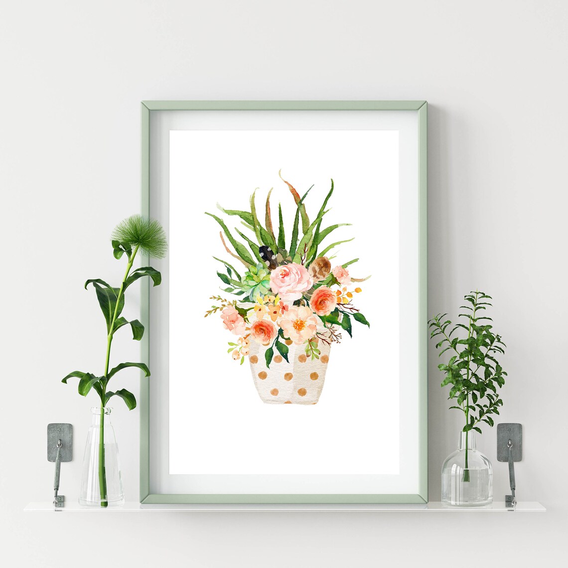 Blush Roses Watercolor Bouquet In Polka Dot Pot Floral Art Poster - Image 4
