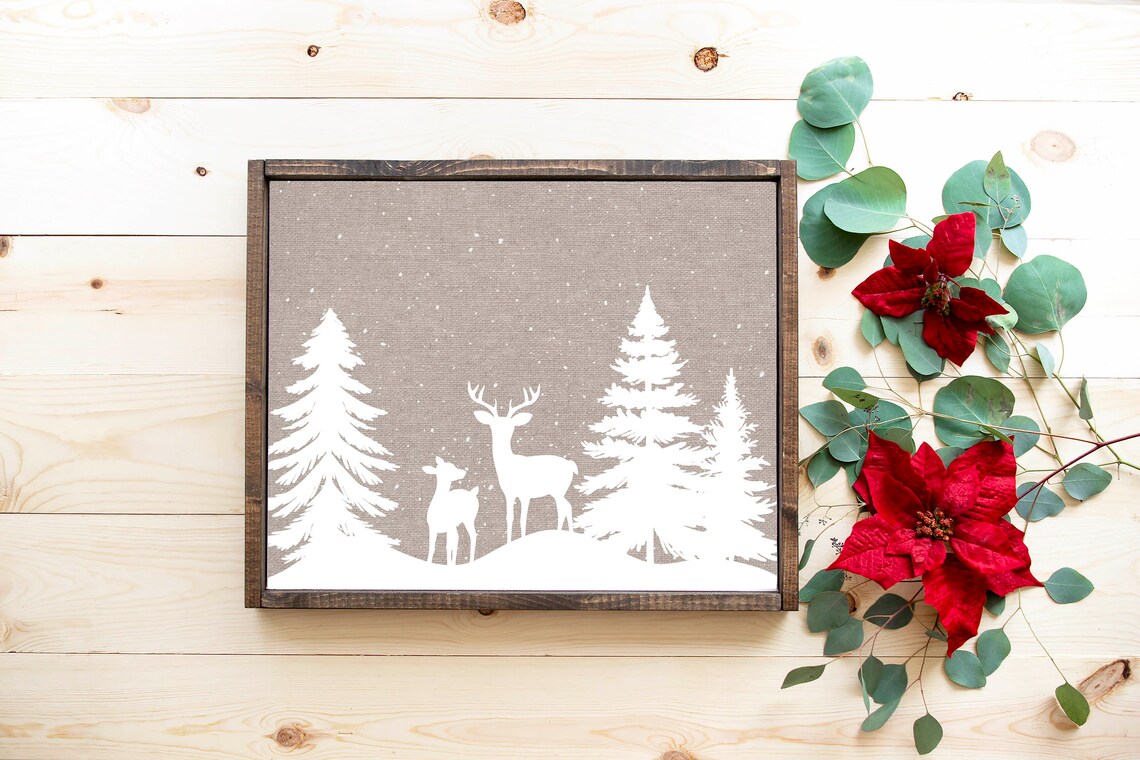 Deer Silhouettes In Snow White On Taupe Winter Woodland Scene Poster - Image 6