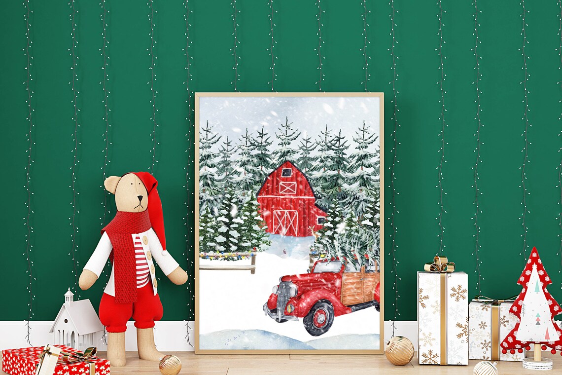 Christmas Tree Farm Red Barn Vintage Red Car Snowy Holiday Poster - Image 3