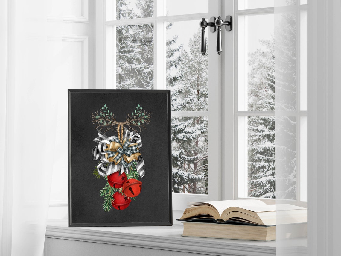 Jingle Bells Chalkboard Red Sleigh Bells Buffalo Check Bow Poster - Image 2